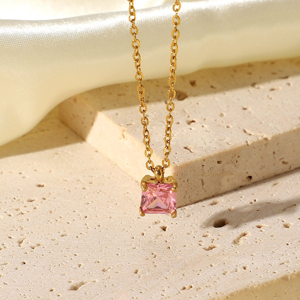 SquarePinkCubicZirconiaNecklac