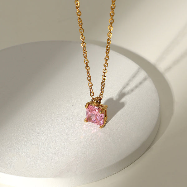 [threetimes]★Pink coin necklace★Unisex★韓国人気 SquarePinkCubicZirconiaNecklac