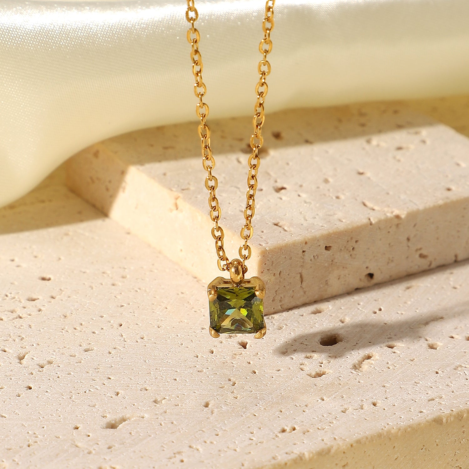 Gold Necklace with a Square Green Cubic Zirconia