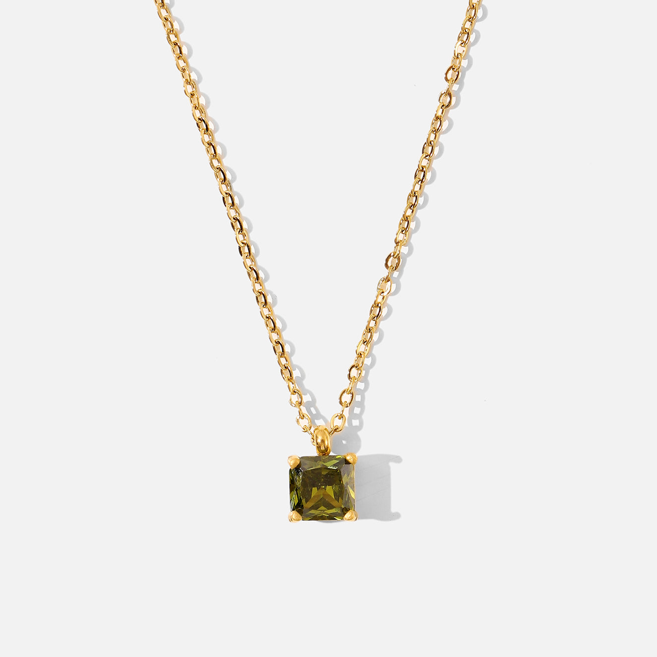 Gold Necklace with a Square Green Cubic Zirconia
