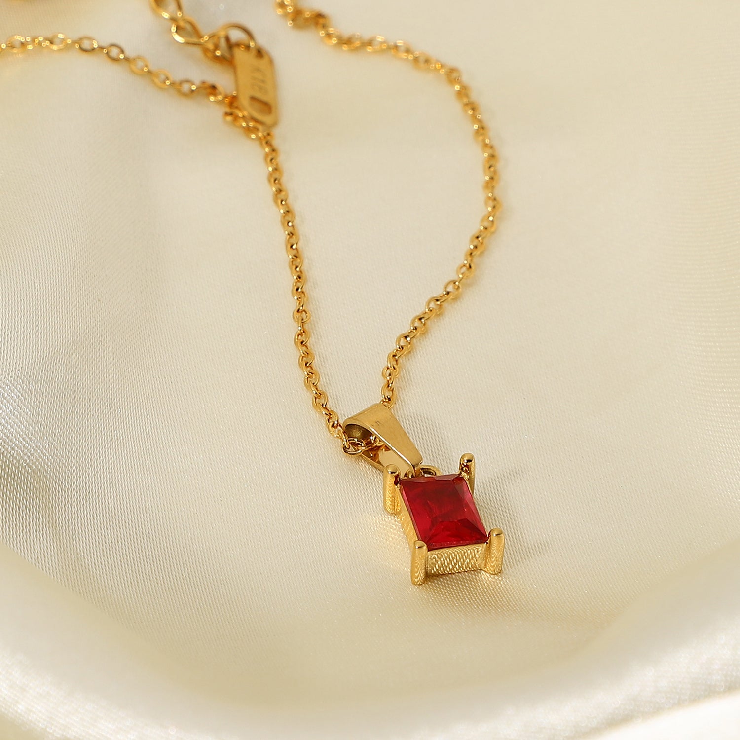 Gold Necklace with a Square Red Cubic Zirconia