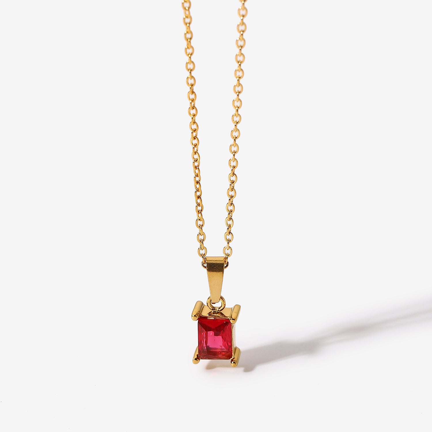 Gold Necklace with a Square Red Cubic Zirconia