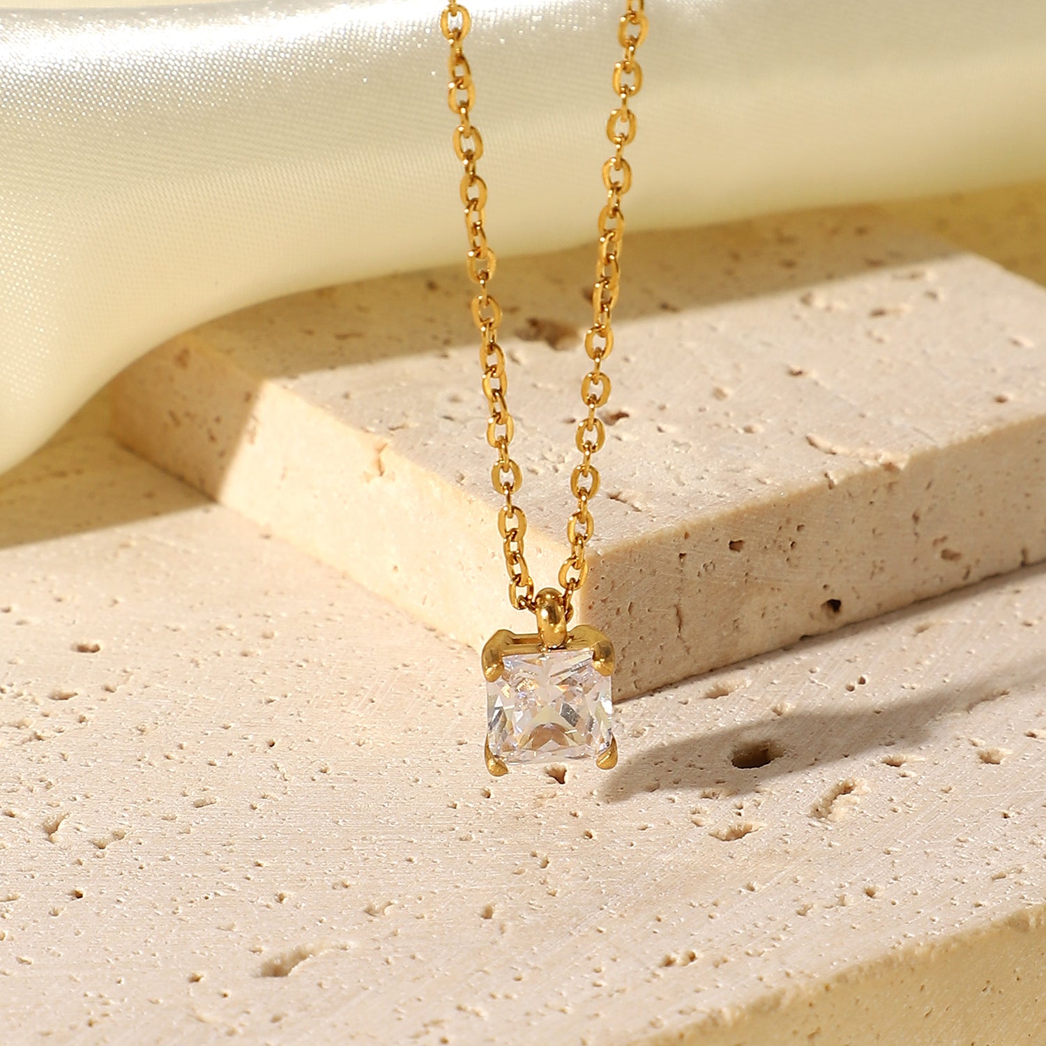 Gold Necklace with a Square white Cubic Zirconia