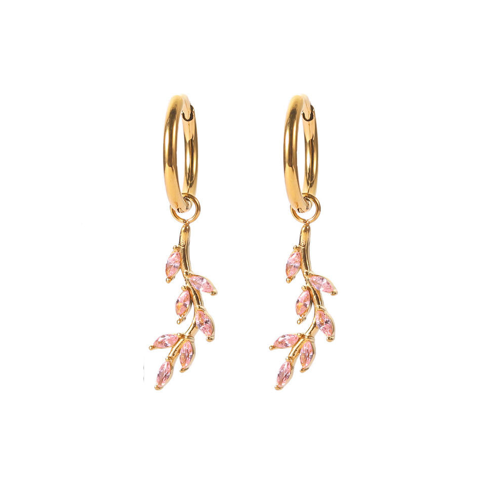 Pink Leafy Charm Hoop Earrings