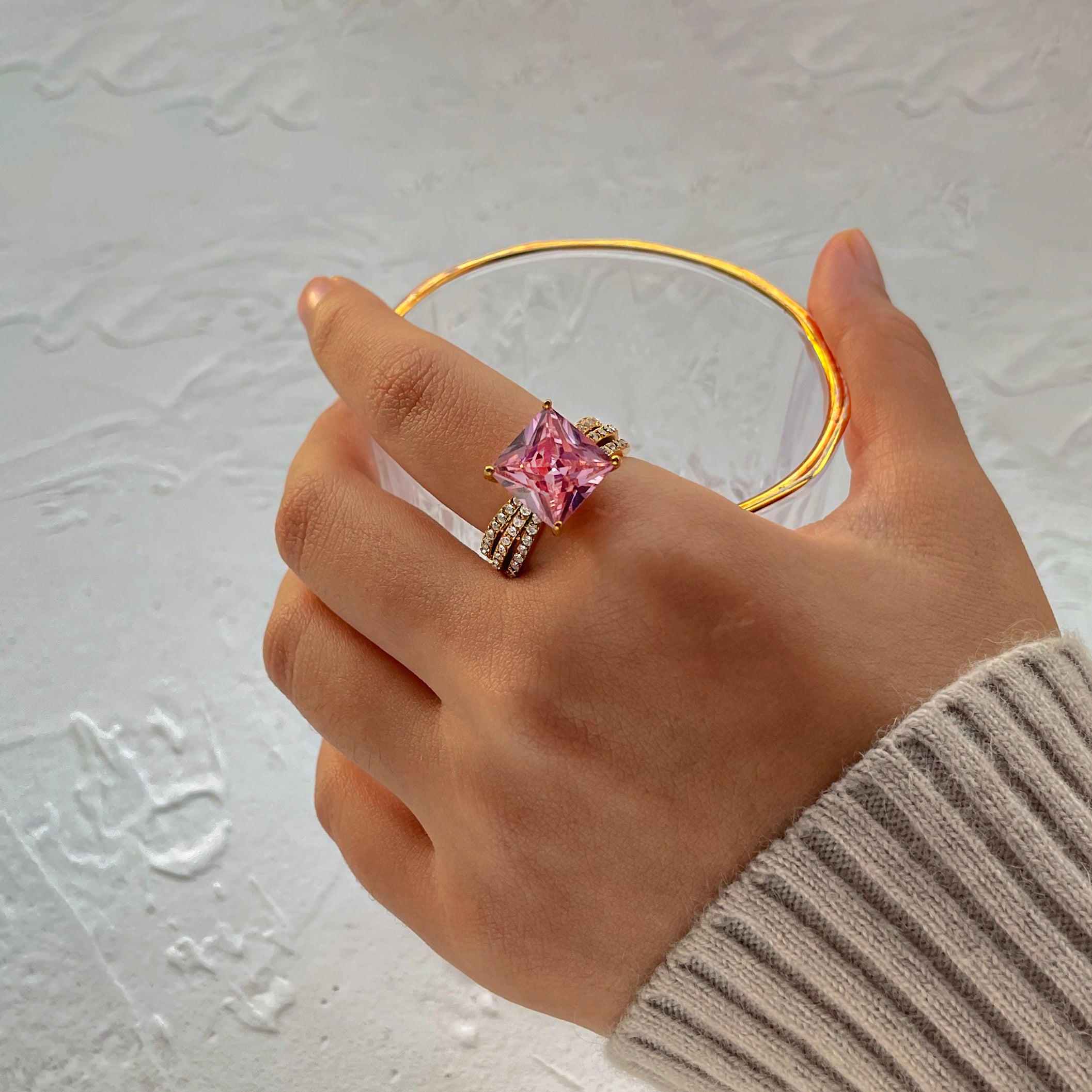 Pink Square Cubic Zirconia Ring