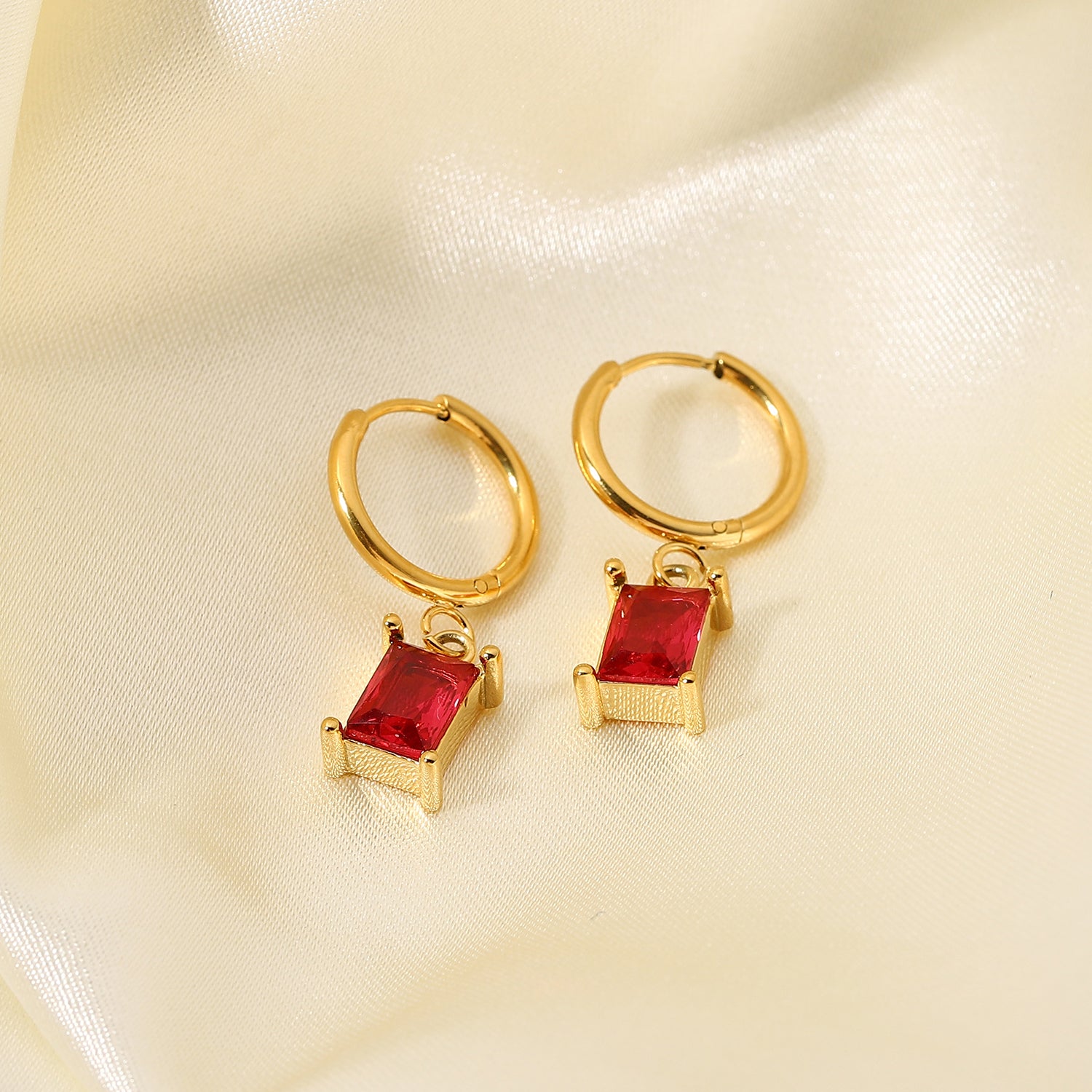 Red Square Cubic Zirconia Hoop Earrings